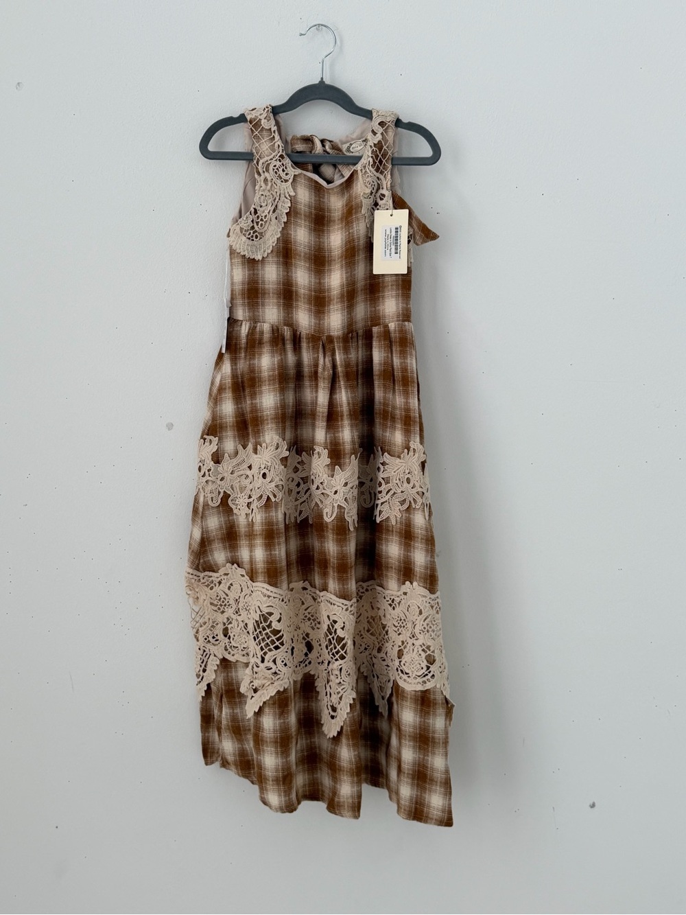 Joyfolie Brown Plaid Dress with Cream Lace Trim